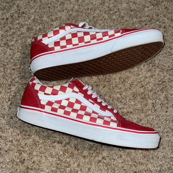 Vans Old Skool Red Canvas Suede Checkered Lace-Up Sneakers Skater Shoes - Picture 4 of 7